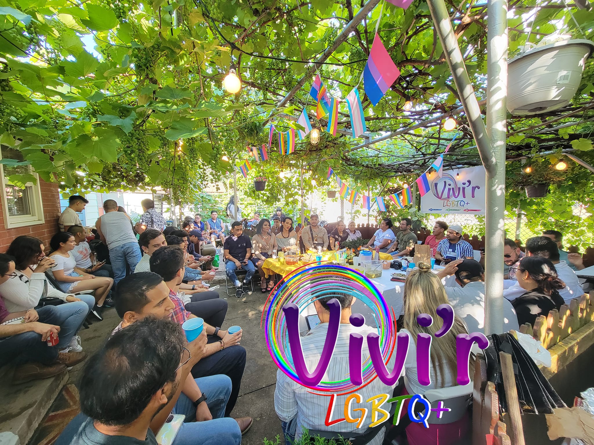 Backyard summer gathering with Progress Pride bunting
