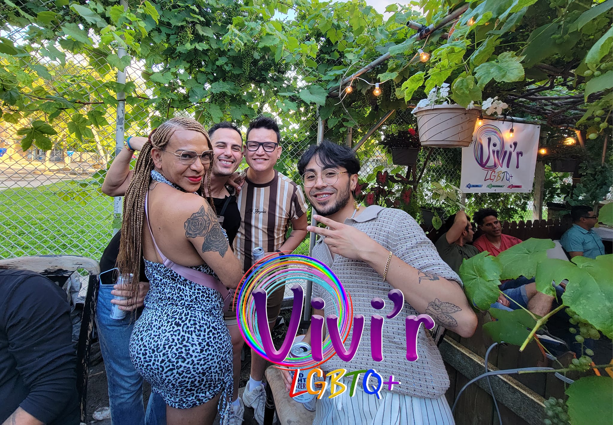 Friends smiling together in a garden